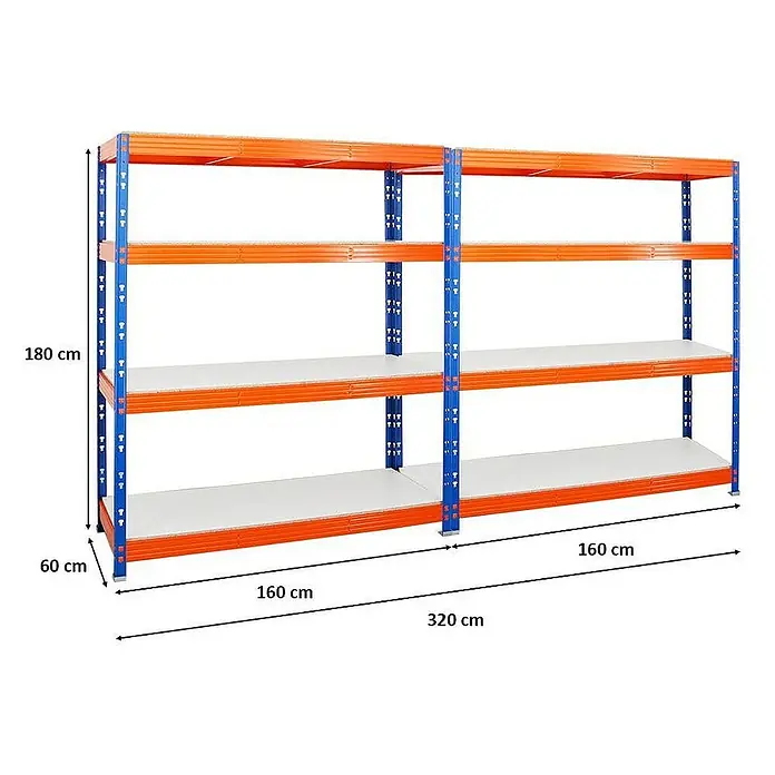 Proregal Schwerlastregal Mega Deal Profi RHINO - Traglast pro Boden: 500 kg, Anzahl Böden: 4 Stk., Stecken, Blau-Orange - Regal mit vier Ebenen, Metallrahmen in Blau und Orange, Abmessungen 180 cm hoch, 320 cm breit und 60 cm tief.