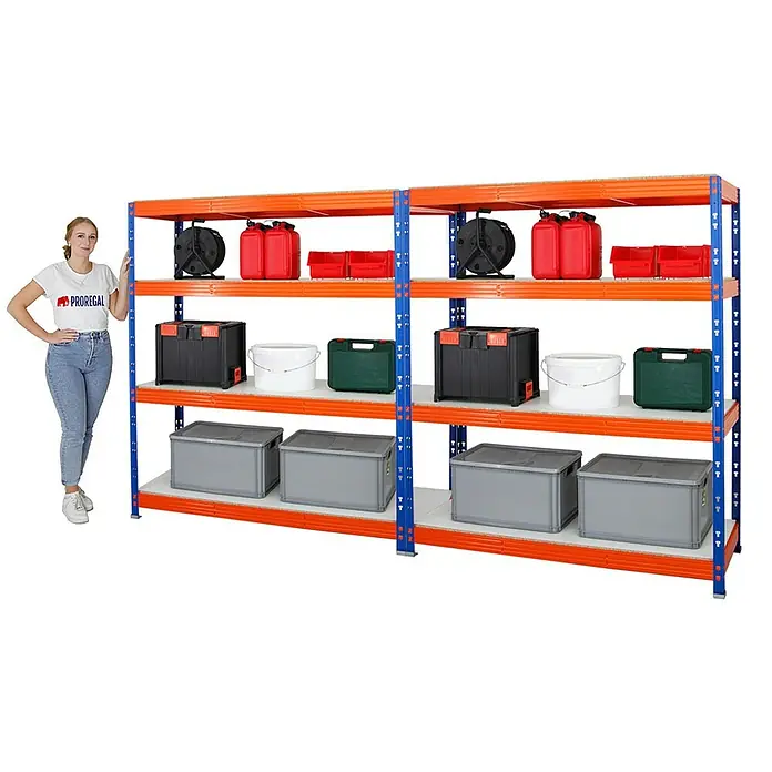 Proregal Schwerlastregal Mega Deal Profi RHINO - Traglast pro Boden: 500 kg, Anzahl Böden: 4 Stk., Stecken, Blau-Orange - Ein blau-oranges Lagerregal mit mehreren Ebenen, beladen mit verschiedenen Behältern und Werkzeugen, präsentiert eine robuste Aufbewahrungslösung.