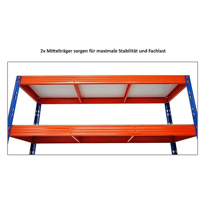 Proregal Schwerlastregal Mega Deal Profi RHINO - Traglast pro Boden: 500 kg, Anzahl Böden: 4 Stk., Stecken, Blau-Orange - Das Bild zeigt ein Lagerregal mit zwei Ebenen und stabilen Mittelträgern, die für hohe Fachlasten ausgelegt sind. Das Regal ist blau und orange.