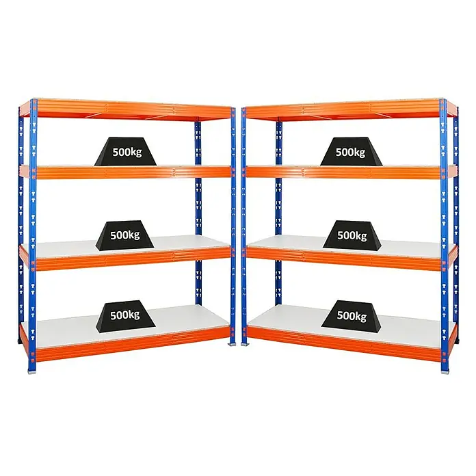 Proregal Schwerlastregal Mega Deal Profi RHINO - Traglast pro Boden: 500 kg, Anzahl Böden: 4 Stk., Stecken, Blau-Orange - Ein Bild von zwei Regalen, die jeweils mit Gewichten von 500 kg auf jeder Ebene belastet sind. Die Regale sind blau und orange.