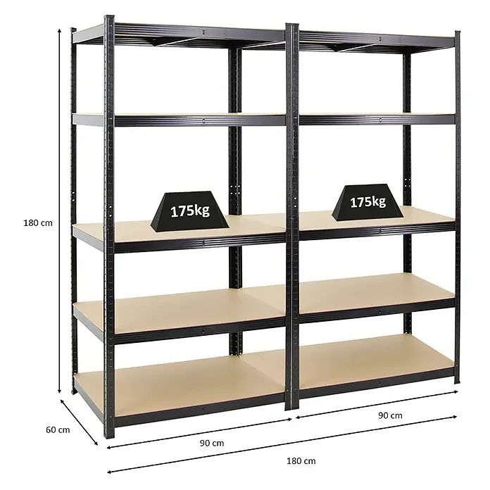 Proregal Schwerlastregal Mega Deal TAURUS - H x B x T: 180 x 90 x 60 cm, Traglast pro Boden: 175 kg, Anzahl Böden: 5 Stk., Stecken, Schwarz - Abbildung von zwei schwarzen Schwerlastregalen mit Holzböden und Gewichtsangaben.