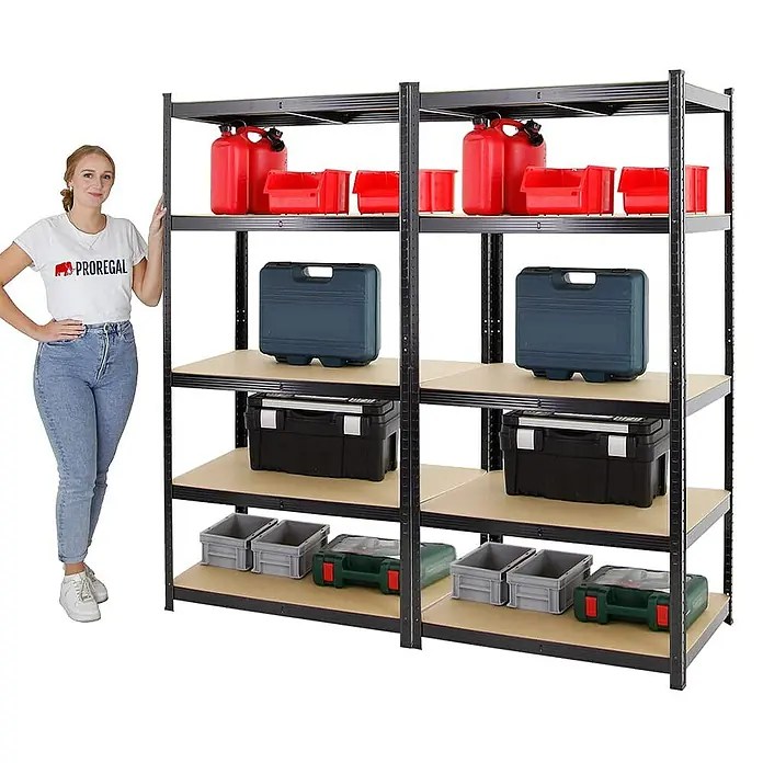 Proregal Schwerlastregal Mega Deal TAURUS - H x B x T: 180 x 90 x 60 cm, Traglast pro Boden: 175 kg, Anzahl Böden: 5 Stk., Stecken, Schwarz - Regal mit Lagerbehältern.