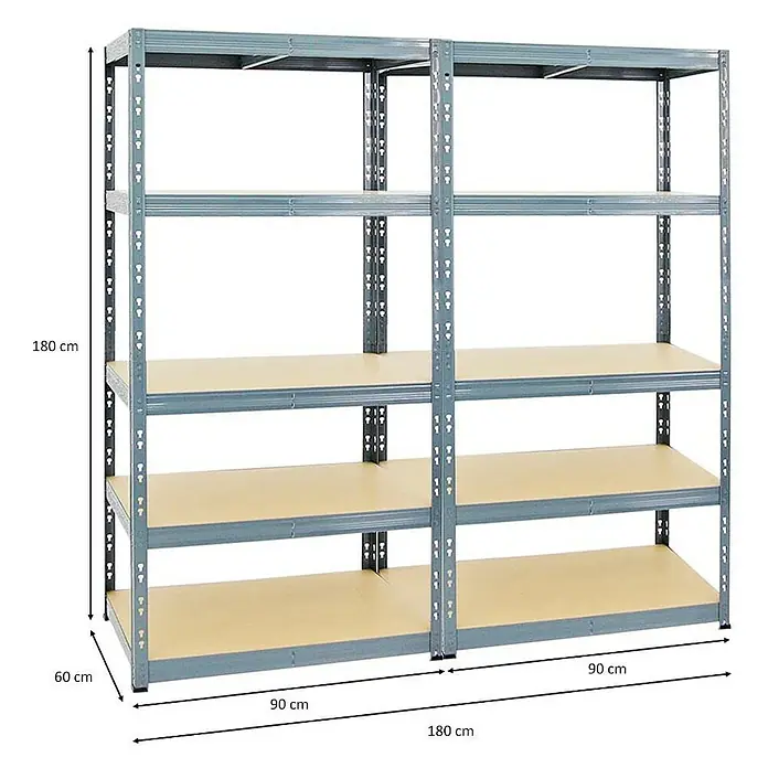 Proregal Schwerlastregal Mega Deal Tiger - H x B x T: 180 x 90 x 60 cm, Traglast pro Boden: 265 kg, Anzahl Böden: 5 Stk., Stecken, Grau - Abbildung eines grauen Metallregals mit drei Einlegeböden und den Maßen 180x60x180 cm.