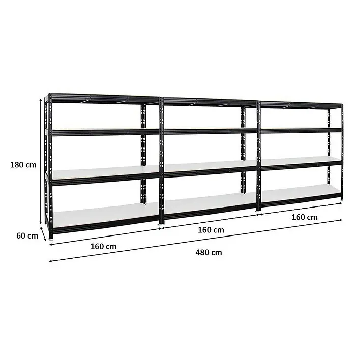 Proregal Schwerlastregal Mega Deal Profi RHINO - H x B x T: 180 x 160 x 60 cm, Traglast pro Boden: 500 kg, Anzahl Böden: 4 Stk., Stecken, Schwarz - Regal mit vier Ebenen aus schwarzem Metall und weißen Regalböden, ideal für Lagerung und Organisation.