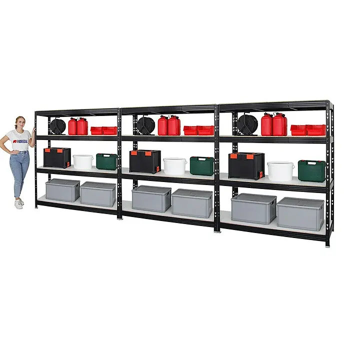 Proregal Schwerlastregal Mega Deal Profi RHINO - H x B x T: 180 x 160 x 60 cm, Traglast pro Boden: 500 kg, Anzahl Böden: 4 Stk., Stecken, Schwarz - Regal mit vier Ebenen, gefüllt mit Aufbewahrungsboxen und Behältern. Die Regale sind schwarz und die Boxen sind in verschiedenen Farben gehalten.