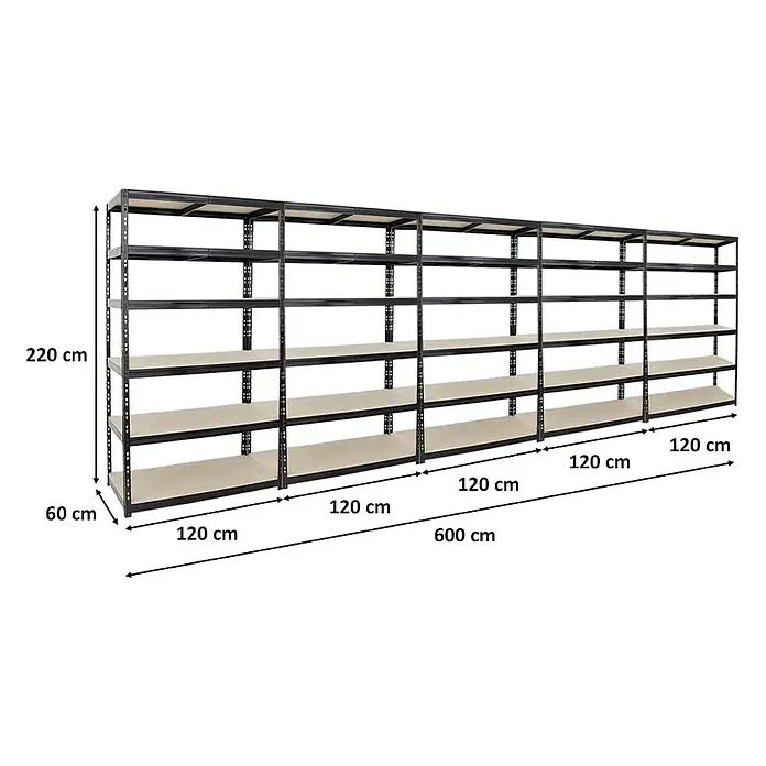 Proregal Schwerlastregal Mega Deal Giant Tiger XL - Traglast pro Boden: 265 kg, Anzahl Böden: 6 Stk., Stecken, Schwarz - Abbildung eines schwarzen Metallregals mit mehreren Regalböden und Größenangaben.