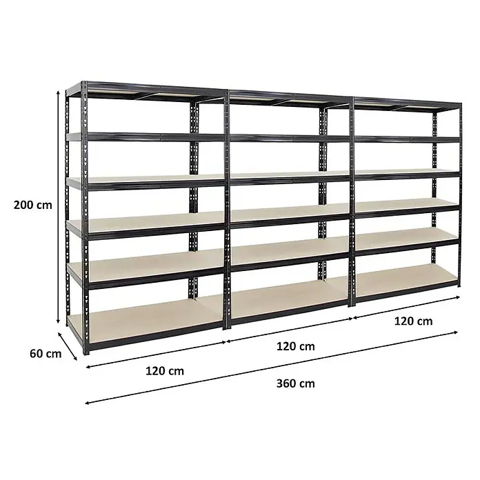 Proregal Schwerlastregal Mega Deal Giant Tiger - H x B x T: 200 x 120 x 60 cm, Traglast pro Boden: 265 kg, Anzahl Böden: 6 Stk., Stecken, Schwarz - Abbildung eines schwarzen Metallregals mit mehreren Regalböden, die viel Stauraum bieten. Es ist robust und funktionell.