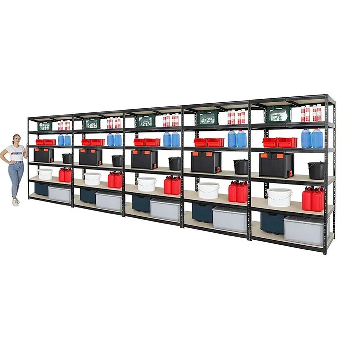 Proregal Schwerlastregal Mega Deal Giant Tiger XL - Traglast pro Boden: 265 kg, Anzahl Böden: 6 Stk., Stecken, Schwarz - Großes Lagerregal mit mehreren Ebenen zur Aufbewahrung von Behältern und Produkten aller Art.