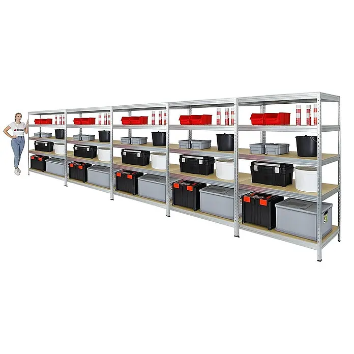 Proregal Schwerlastregal Mega Deal Rivet - H x B x T: 180 x 120 x 60 cm, Traglast pro Boden: 250 kg, Anzahl Böden: 5 Stk., Stecken, Verzinkt - Ein Regal mit Holzböden und diversen Boxen und Behältern in verschiedenen Größen und Farben, ideal für die Lagerung und Organisation.