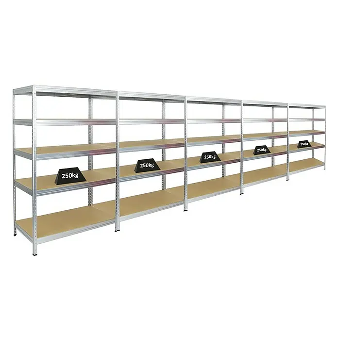 Proregal Schwerlastregal Mega Deal Rivet - H x B x T: 180 x 120 x 60 cm, Traglast pro Boden: 250 kg, Anzahl Böden: 5 Stk., Stecken, Verzinkt - Das Bild zeigt ein Schwerlastregal mit mehreren Ebenen, einige davon mit 250kg Gewichten belastet.