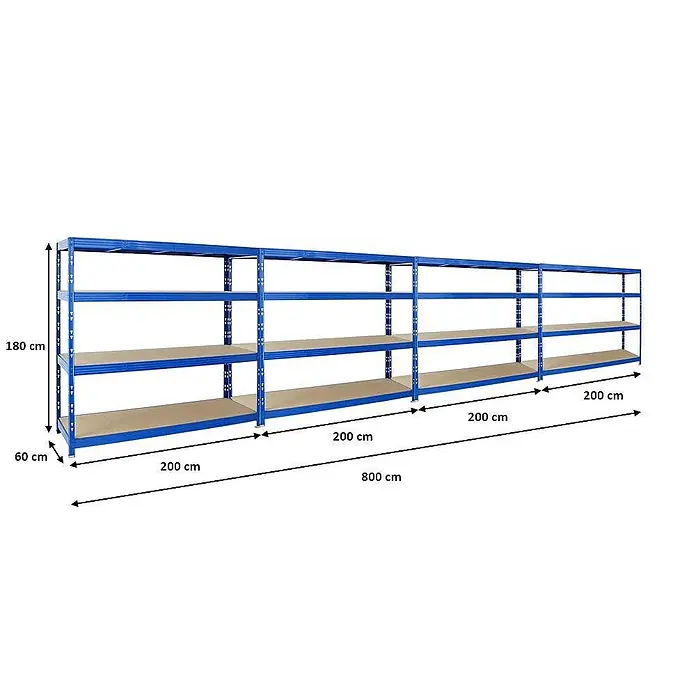 Proregal Schwerlastregal Mega Deal Profi RHINO - Traglast pro Boden: 500 kg, Anzahl Böden: 4 Stk., Stecken, Blau - Abbildung eines blauen Schwerlastregals mit vier Regalböden und Größenangaben. Das Regal ist 180 cm hoch und 800 cm breit.