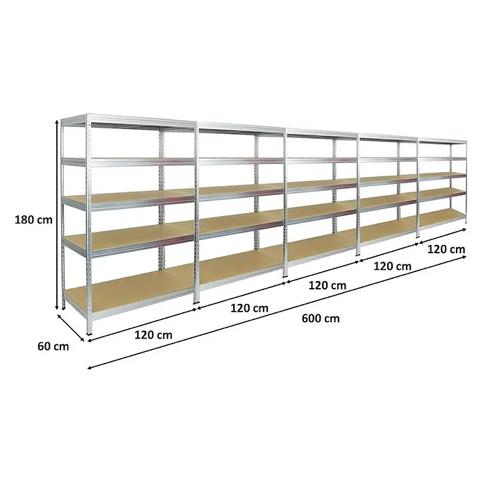 Proregal Schwerlastregal Mega Deal Rivet - H x B x T: 180 x 120 x 60 cm, Traglast pro Boden: 250 kg, Anzahl Böden: 5 Stk., Stecken, Verzinkt - Ein langes, modulares Regalsystem aus Metall mit fünf Regalböden, ideal für Lagerung und Organisation.