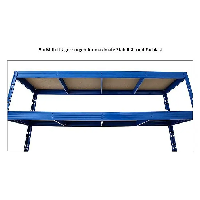 Proregal Schwerlastregal Mega Deal Profi RHINO - Traglast pro Boden: 500 kg, Anzahl Böden: 4 Stk., Stecken, Blau - Blaues Lagerregal mit zwei Etagen und Holzplatten. Die drei Mittelträger sorgen für hohe Stabilität und Belastbarkeit.
