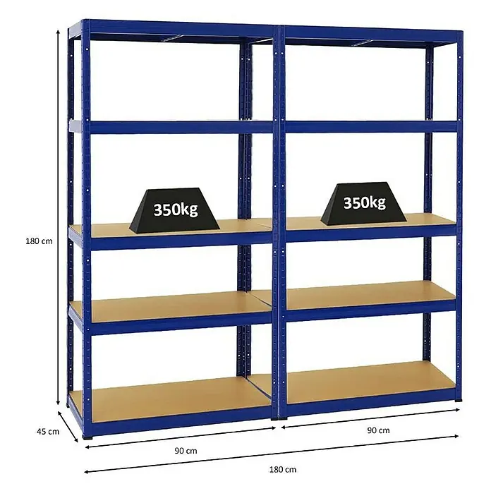 Proregal Schwerlastregal Mega Deal Slim Elephant S - H x B x T: 180 x 180 x 45 cm, Traglast pro Boden: 350 kg, Anzahl Böden: 5 Stk., Stecken, Blau - Abbildung eines blauen Schwerlastregals mit 4 Ebenen und Gewichtsangaben, das sich ideal für Lagerung und Organisation eignet.