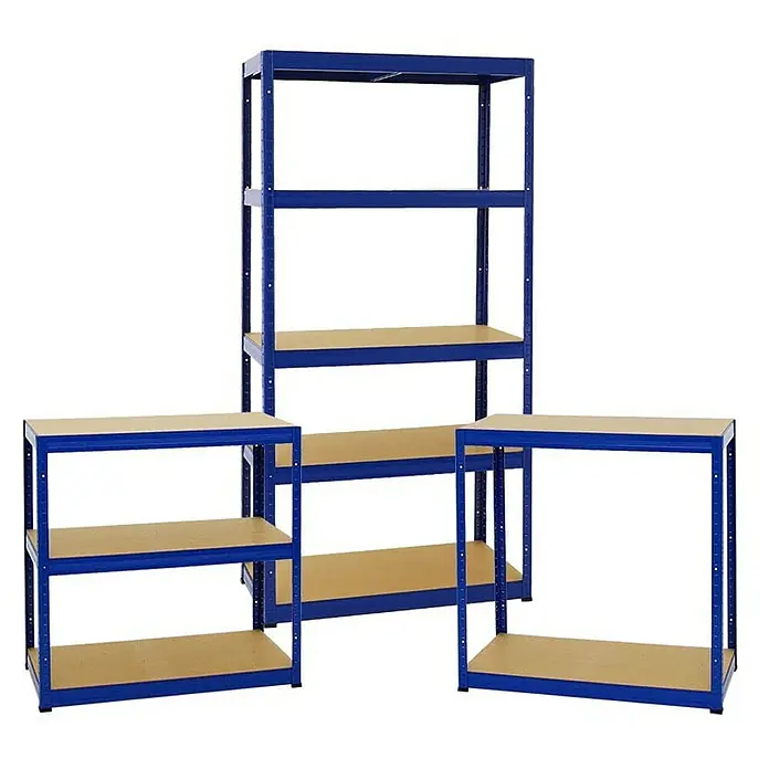 Proregal Schwerlastregal Mega Deal Slim Elephant S - H x B x T: 180 x 180 x 45 cm, Traglast pro Boden: 350 kg, Anzahl Böden: 5 Stk., Stecken, Blau - Das Bild zeigt drei blaue Metallregale mit Holzregalböden in verschiedenen Größen, die für eine bessere Organisation sorgen.