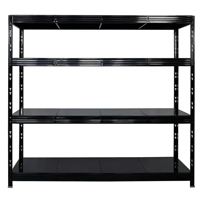 Proregal Schwerlastregal Mega Deal Profi RHINO - Traglast pro Boden: 500 kg, Anzahl Böden: 4 Stk., Stecken, Schwarz - Schwarzes Regal mit vier Ebenen. Die Regalböden sind glatt und die Struktur ist robust, ideal für Lagerzwecke.
