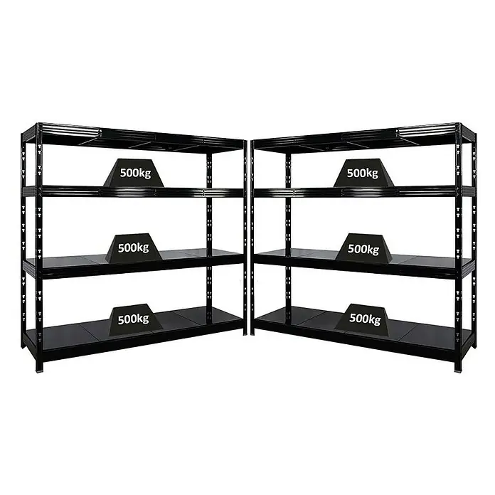 Proregal Schwerlastregal Mega Deal Profi RHINO - Traglast pro Boden: 500 kg, Anzahl Böden: 4 Stk., Stecken, Schwarz - Schwarze Metallregale mit 3 Ebenen, jede mit einer Last von 500 kg. Robuste Lagerlösung für schwere Gegenstände und industrielle Anwendungen.