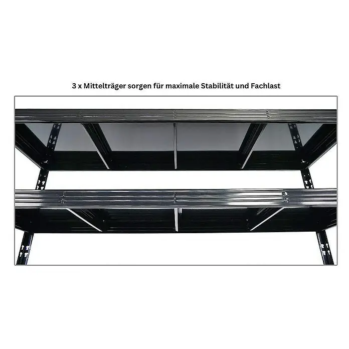 Proregal Schwerlastregal Mega Deal Profi RHINO - Traglast pro Boden: 500 kg, Anzahl Böden: 4 Stk., Stecken, Schwarz - Nahaufnahme eines schwarzen Lagerregals mit drei Mittelträgern, die für Stabilität und hohe Fachlast sorgen.