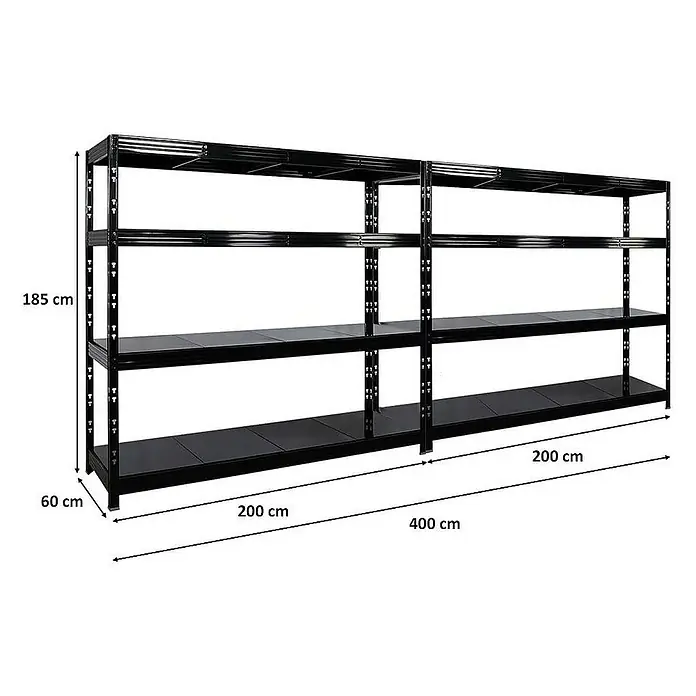Proregal Schwerlastregal Mega Deal Profi RHINO - Traglast pro Boden: 500 kg, Anzahl Böden: 4 Stk., Stecken, Schwarz - Abbildung eines schwarzen Metallregals mit den Maßen 185 x 60 x 200 cm und einer Gesamtbreite von 400 cm.
