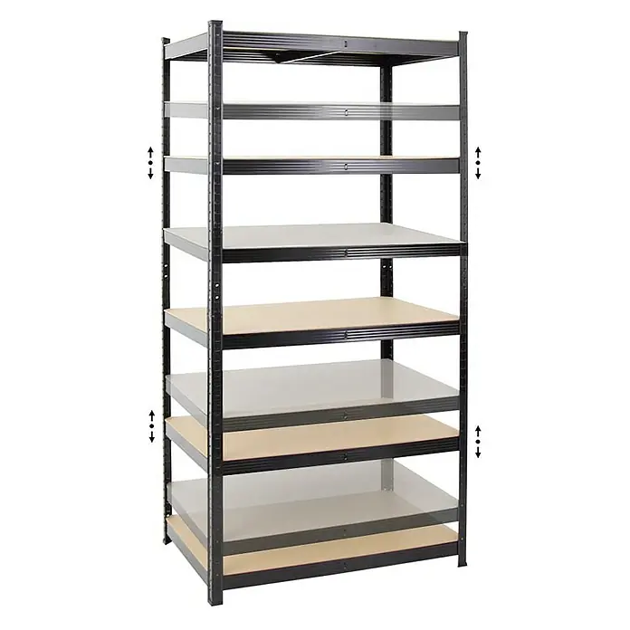 Proregal Schwerlastregal Mega Deal TAURUS 4 Stück - Traglast pro Boden: 175 kg, Anzahl Böden: 5 Stk., Stecken, Schwarz - Ein schwarzes Metallregal mit mehreren Holzregalböden, ideal für Lagerung und Organisation.