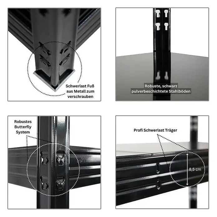 Proregal Schwerlastregal Mega Deal Profi RHINO - Traglast pro Boden: 500 kg, Anzahl Böden: 4 Stk., Stecken, Schwarz - Schwerlastregal Details: Robuster Metallfuß, Butterfly System, pulverbeschichtete Stahlböden und Profi Schwerlast Träger für hohe Stabilität.