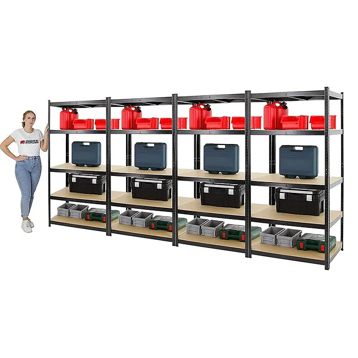 Proregal Schwerlastregal Mega Deal TAURUS 4 Stück - Traglast pro Boden: 175 kg, Anzahl Böden: 5 Stk., Stecken, Schwarz - Abbildung eines großen, robusten Metallregalsystems mit vier Ebenen, ideal für die Lagerung verschiedener Gegenstände in Garage oder Werkstatt.