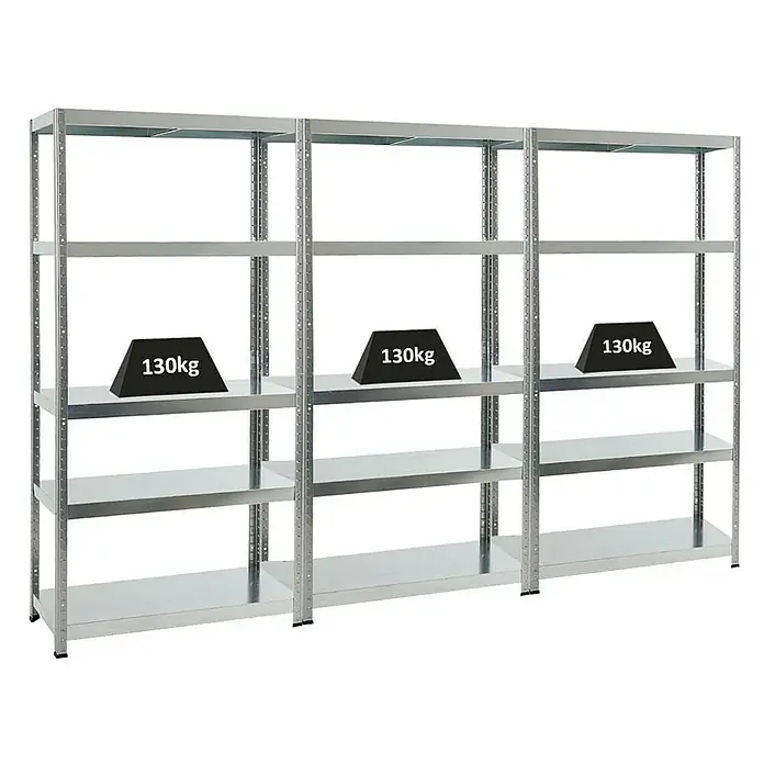 Proregal Metallregal Mega Deal Steel Eagle - Traglast pro Boden: 130 kg, Anzahl Böden: 5 Stk., Stecken, Verzinkt - Drei silberne Metallregale mit vier Ebenen, auf denen jeweils ein 130 kg schweres Gewicht liegt. Die Regale sind stabil und robust.