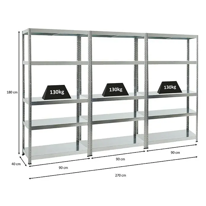 Proregal Metallregal Mega Deal Steel Eagle - Traglast pro Boden: 130 kg, Anzahl Böden: 5 Stk., Stecken, Verzinkt - Metallregal mit mehreren Ebenen, belastbar mit 130kg pro Ebene und einer Gesamthöhe von 180cm für Lagerzwecke.