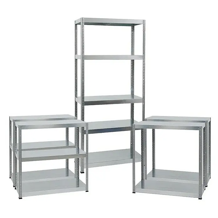 Proregal Metallregal Mega Deal Steel Eagle - Traglast pro Boden: 130 kg, Anzahl Böden: 5 Stk., Stecken, Verzinkt - Ein Arrangement von silbernen Metallregalen verschiedener Höhen bietet eine robuste und vielseitige Aufbewahrungslösung für unterschiedliche Bedürfnisse.