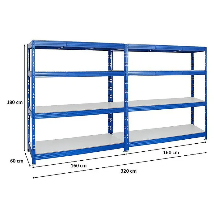 Proregal Schwerlastregal Mega Deal Profi RHINO - Traglast pro Boden: 500 kg, Anzahl Böden: 4 Stk., Stecken, Blau - Blaues Schwerlastregal mit vier Ebenen und den Maßen 180 x 320 x 60 cm, ideal für Lagerung und Organisation im Keller oder in der Werkstatt.