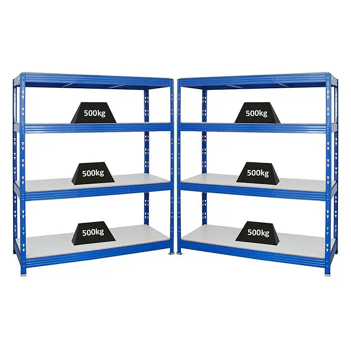 Proregal Schwerlastregal Mega Deal Profi RHINO - Traglast pro Boden: 500 kg, Anzahl Böden: 4 Stk., Stecken, Blau - Metallregal mit vier Ebenen, beladen mit Gewichten von je 500 kg, zeigt die Tragfähigkeit und Stabilität des Regalsystems.