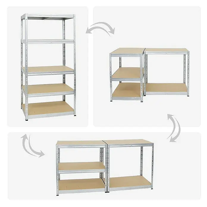Proregal Schwerlastregal Mega Deal Tiger - H x B x T: 180 x 180 x 60 cm, Traglast pro Boden: 265 kg, Anzahl Böden: 5 Stk., Stecken, Verzinkt - Das Bild zeigt ein vielseitiges Metallregal, das in ein einzelnes, hohes Regal oder in zwei separate Regale umgewandelt werden kann.