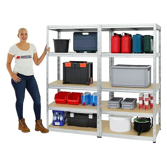 Proregal Schwerlastregal Mega Deal Tiger - H x B x T: 180 x 180 x 60 cm, Traglast pro Boden: 265 kg, Anzahl Böden: 5 Stk., Stecken, Verzinkt - Das Bild zeigt ein Regal mit fünf Ablagen, gefüllt mit verschiedenen Werkzeugen und Behältern, ideal für die Lagerung.