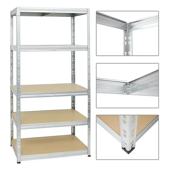 Proregal Schwerlastregal Mega Deal Tiger - H x B x T: 180 x 180 x 60 cm, Traglast pro Boden: 265 kg, Anzahl Böden: 5 Stk., Stecken, Verzinkt - Ein silbernes Schwerlastregal mit fünf Regalböden. Detailansichten der Konstruktion sind separat dargestellt.