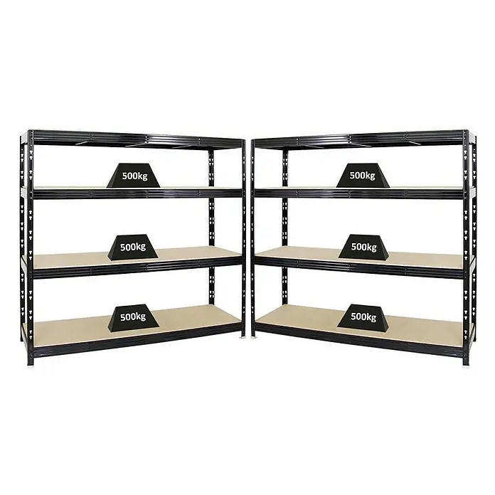 Proregal Schwerlastregal Mega Deal Profi RHINO - Traglast pro Boden: 500 kg, Anzahl Böden: 4 Stk., Stecken, Schwarz - Zwei schwarze Schwerlastregale mit drei Böden, jedes mit Gewichten von 500 kg, stehen nebeneinander. Ideal für Lager und Werkstatt.