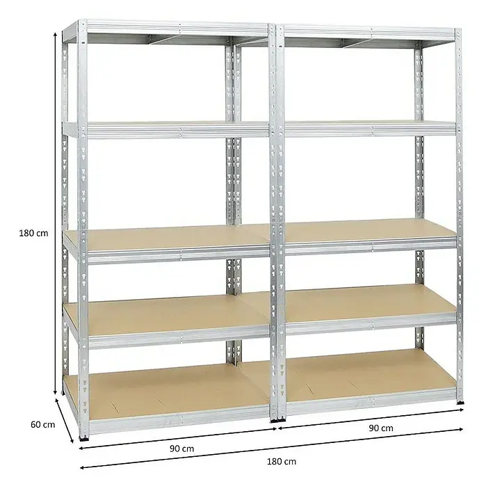 Proregal Schwerlastregal Mega Deal Tiger - H x B x T: 180 x 180 x 60 cm, Traglast pro Boden: 265 kg, Anzahl Böden: 5 Stk., Stecken, Verzinkt - Silbernes Schwerlastregal mit vier Einlegeböden. Die Gesamtmaße des Regals betragen 180 cm Breite, 60 cm Tiefe und 180 cm Höhe.