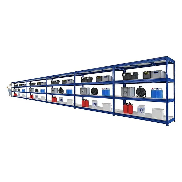 Proregal Schwerlastregal Mega Deal DINO - H x B x T: 180 x 200 x 60 cm, Traglast pro Boden: 500 kg, Anzahl Böden: 4 Stk., Stecken, Blau - Ein langes, blaues Lagerregal mit drei Ebenen voller Behälter, Kanister und Werkzeugkisten. Ideal für Ordnung im Lagerraum.