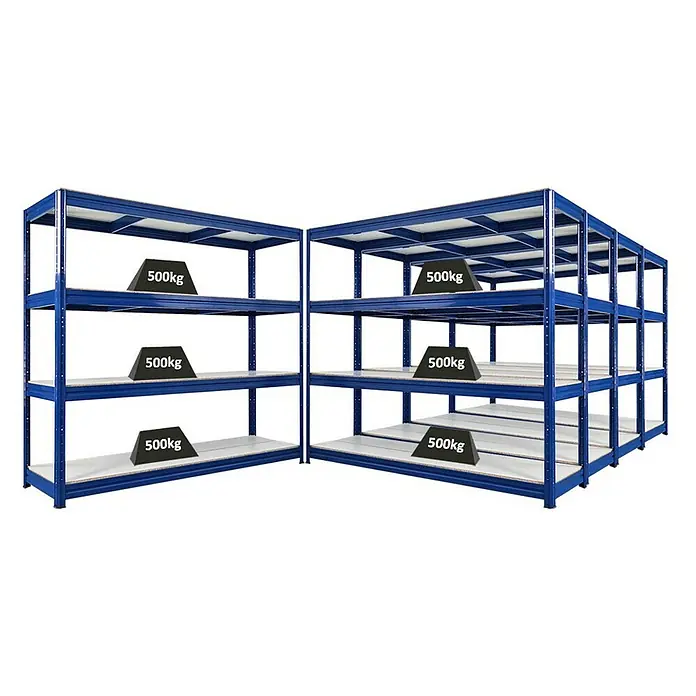 Proregal Schwerlastregal Mega Deal DINO - H x B x T: 180 x 200 x 60 cm, Traglast pro Boden: 500 kg, Anzahl Böden: 4 Stk., Stecken, Blau - Abbildung eines robusten Schwerlastregals mit mehreren Ebenen, jede mit einer Traglast von 500 kg, ideal für Lagerhaltung und Organisation.