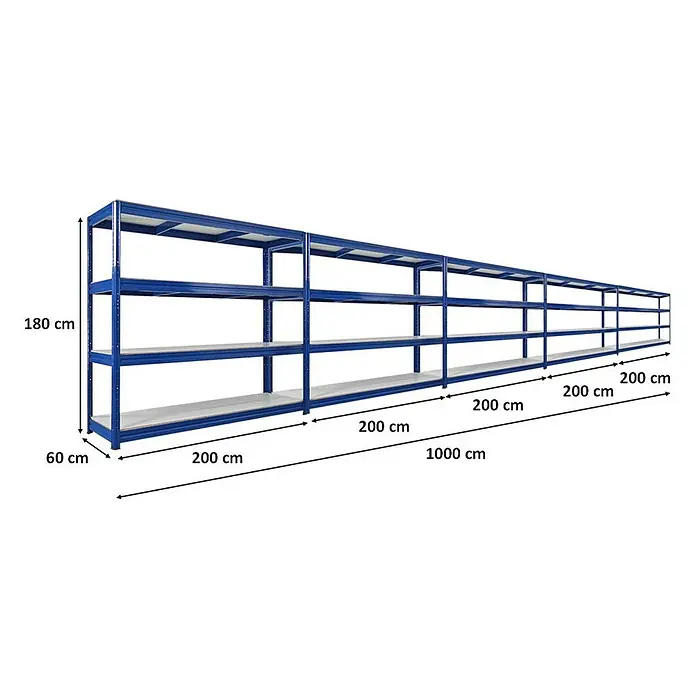 Proregal Schwerlastregal Mega Deal DINO - H x B x T: 180 x 200 x 60 cm, Traglast pro Boden: 500 kg, Anzahl Böden: 4 Stk., Stecken, Blau - Langes, blaues Regal mit vier Ebenen und den Maßen 180 cm Höhe, 60 cm Tiefe und 1000 cm Länge.