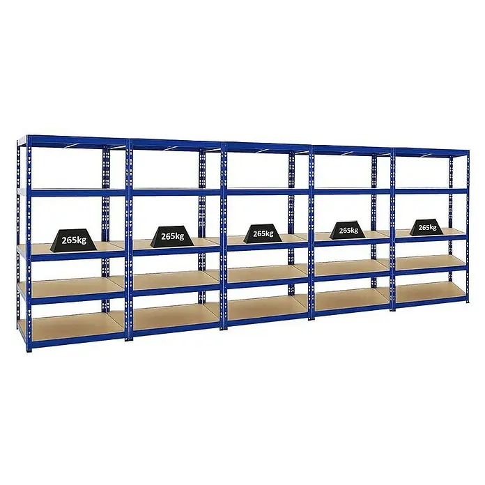 Proregal Schwerlastregal Mega Deal Tiger - H x B x T: 180 x 90 x 60 cm, Traglast pro Boden: 265 kg, Anzahl Böden: 5 Stk., Stecken, Blau - Abbildung eines blauen Schwerlastregals mit fünf Fächern, wobei die obere Ebene mit Gewichten von 265 kg belastet ist.