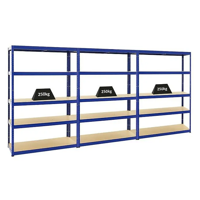 Proregal Schwerlastregal Mega Deal Big Elephant S - Traglast pro Boden: 250 kg, Anzahl Böden: 5 Stk., Stecken, Blau - Blaues Schwerlastregal mit drei Ebenen und Gewichtsangabe von 250kg pro Regalboden für Lager und Werkstatt.