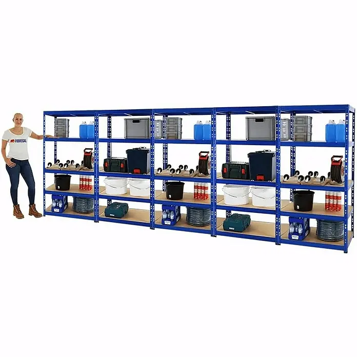 Proregal Schwerlastregal Mega Deal Tiger - H x B x T: 180 x 90 x 60 cm, Traglast pro Boden: 265 kg, Anzahl Böden: 5 Stk., Stecken, Blau - Hier ist ein Bild von einem robusten blauen Metallregal, das mit verschiedenen Artikeln wie Kisten und Eimern gefüllt ist.