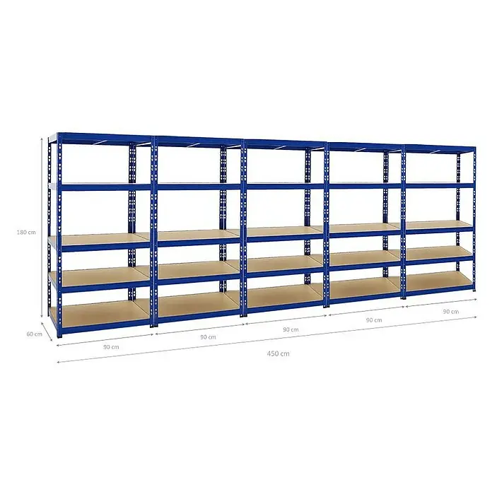 Proregal Schwerlastregal Mega Deal Tiger - H x B x T: 180 x 90 x 60 cm, Traglast pro Boden: 265 kg, Anzahl Böden: 5 Stk., Stecken, Blau - Nahaufnahme des blauen Metallregals mit Holzregalböden und den Abmessungen 180 cm Höhe, 60 cm Tiefe und 450 cm Länge.