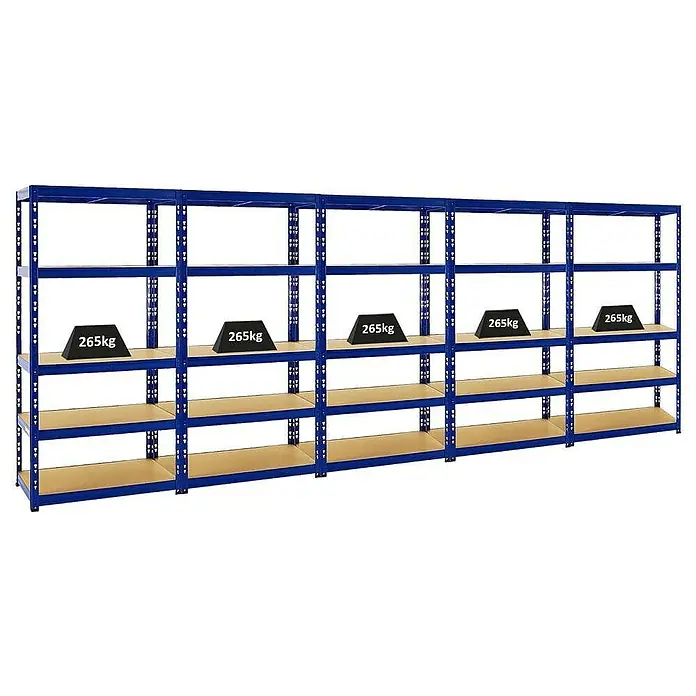 Proregal Schwerlastregal Mega Deal Tiger - Traglast pro Boden: 265 kg, Anzahl Böden: 5 Stk., Stecken, Blau - Abbildung eines blauen Schwerlastregals mit Holzregalböden, von denen einige mit 265 kg Gewicht belastet sind.
