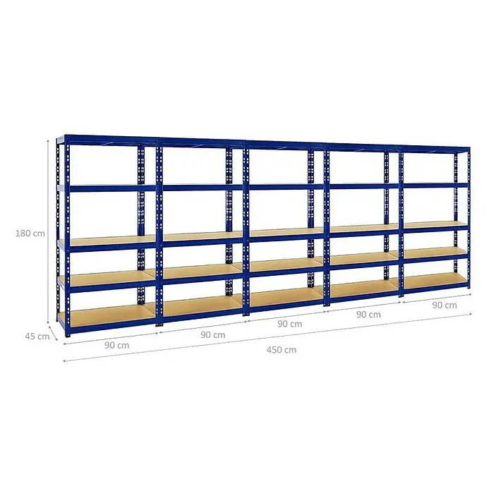 Proregal Schwerlastregal Mega Deal Tiger - Traglast pro Boden: 265 kg, Anzahl Böden: 5 Stk., Stecken, Blau - Ein blaues Schwerlastregal mit vier Ebenen und den Maßen 180 cm Höhe, 45 cm Tiefe und 450 cm Breite.