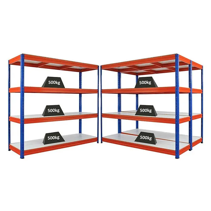 Proregal Schwerlastregal Mega Deal DINO - H x B x T: 180 x 200 x 60 cm, Traglast pro Boden: 500 kg, Anzahl Böden: 4 Stk., Stecken, Blau-Orange - Regaleinheit mit vier Ebenen, die jeweils mit einem 500kg-Gewicht belastet sind, ideal für Lagerung und Organisation.