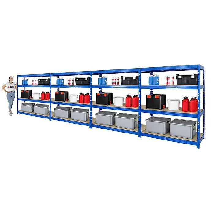 Proregal Schwerlastregal Mega Deal Profi RHINO - Traglast pro Boden: 500 kg, Anzahl Böden: 4 Stk., Stecken, Blau - Blaues Metallregal mit vier Ebenen, auf denen Behälter, Kanister und Dosen stehen. Ideal für Lagerung und Organisation.