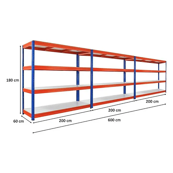 Proregal Schwerlastregal Mega Deal DINO - H x B x T: 180 x 200 x 60 cm, Traglast pro Boden: 500 kg, Anzahl Böden: 4 Stk., Stecken, Blau-Orange - Ein blau-oranges Lagerregal mit vier Ebenen und Abmessungen von 180 cm Höhe, 60 cm Tiefe und 600 cm Breite zur Lagerung.
