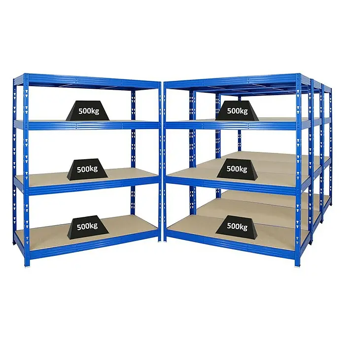 Proregal Schwerlastregal Mega Deal Profi RHINO - Traglast pro Boden: 500 kg, Anzahl Böden: 4 Stk., Stecken, Blau - Regal mit vier Ebenen und einer maximalen Belastung von 500 kg pro Ebene, ideal für Lagerung und Organisation.
