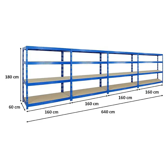 Proregal Schwerlastregal Mega Deal Profi RHINO - Traglast pro Boden: 500 kg, Anzahl Böden: 4 Stk., Stecken, Blau - Regal mit mehreren Ebenen und blauem Metallrahmen zur Lagerung von Gegenständen.
